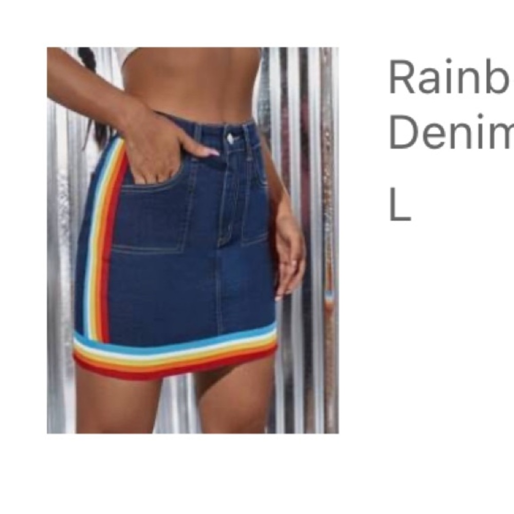 SHEIN Dark Blue Denim Skirt with Rainbow Stripes